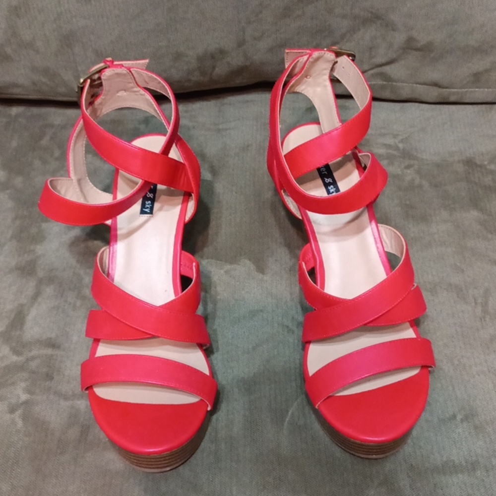Parker & sky women's red ankle strap wedge heal shoes